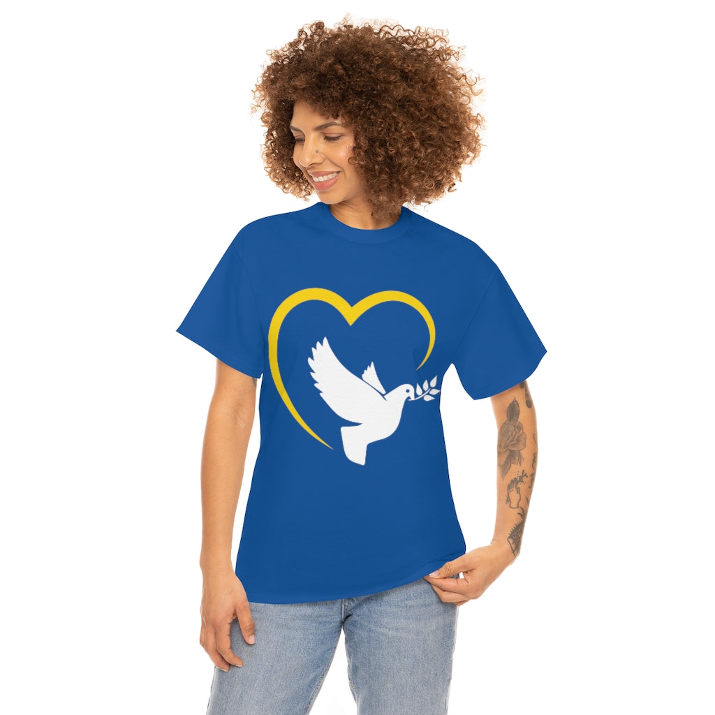 Ukraine T-Shirt Blue Heart and Dove Cotton